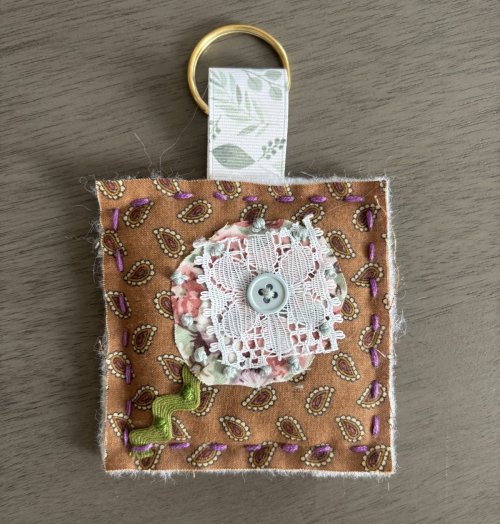 Quilted Key Ring, brown and blue